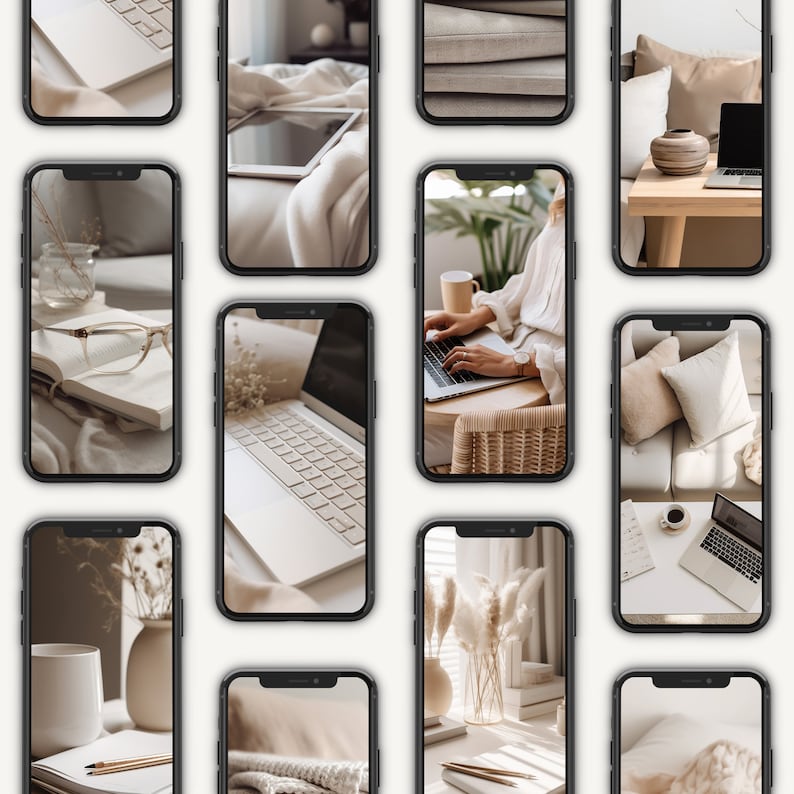Może przedstawiać: Kolaż dziewięciu obraz&oacute;w prezentujących r&oacute;żne aranżacje domowego biura, z laptopami, książkami, roślinami i przytulnym wystrojem. Obrazy są ułożone w siatkę, tworząc wizualnie atrakcyjny i inspirujący efekt.