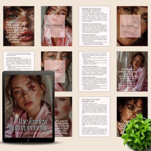May include: A collage of images with text about overcoming self-doubt and fear to become a fearless entrepreneur. The images feature a woman with pink hair and a green plant.