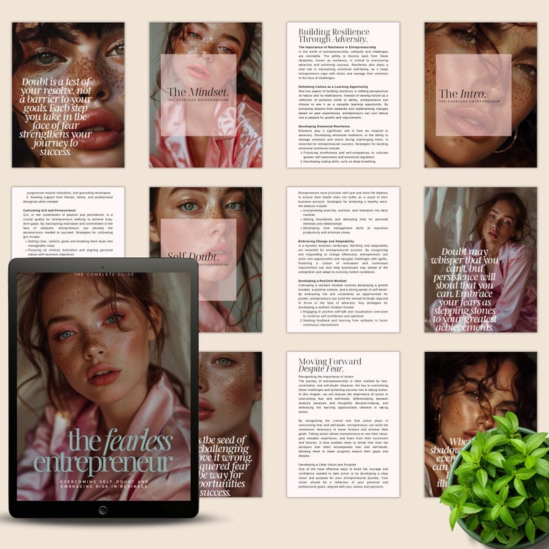 May include: A collage of images with text about overcoming self-doubt and fear to become a fearless entrepreneur. The images feature a woman with pink hair and a green plant.