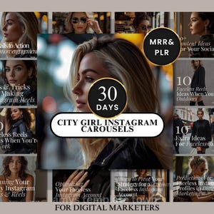 Könnte beinhalten: Eine Collage von Bildern mit Tipps zum Erstellen von gesichtslosen Instagram-Reels. Die Collage enthält Text wie "30 Tage", "City Girl Instagram Carousels", "Gesichtslose Reels", "Tipps & Tricks zum Erstellen von Instagram-Reels", "Optimierung Ihres gesichtslosen Instagram-Kontos", "Vorhersagen für gesichtslose Instagram-Profile im digitalen Marketing" und "MRR & PLR".
