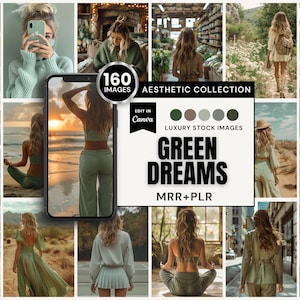 Explore the serene charm of our exclusive "Green Dreams" collection, showcasing 161 AI-crafted images of women in sage green tones wandering through fields, strolling city streets, and playing tennis. Featuring palm trees, coffee cups, and candid shots of women with cell phones, each scene blends tranquility with modern style. Ideal for adding a relaxed yet sophisticated touch to any project, available in Canva with MRR and PLR.