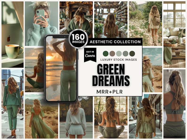 Explore the serene charm of our exclusive "Green Dreams" collection, showcasing 161 AI-crafted images of women in sage green tones wandering through fields, strolling city streets, and playing tennis. Featuring palm trees, coffee cups, and candid shots of women with cell phones, each scene blends tranquility with modern style. Ideal for adding a relaxed yet sophisticated touch to any project, available in Canva with MRR and PLR.