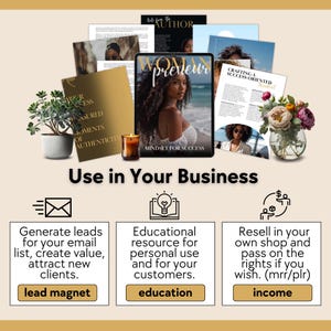May include: A digital product mockup with a woman's face on the cover. The text on the cover reads "Womanpreneur" and "Mindset for Success". The image shows three ways to use the product in your business: as a lead magnet, educational resource, or income stream.