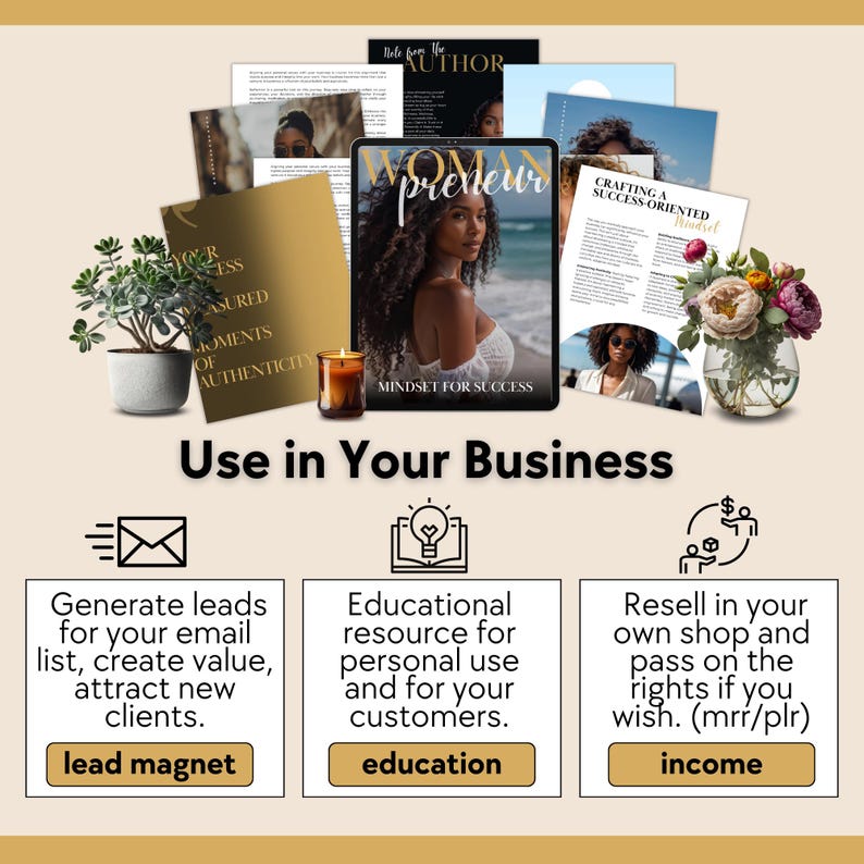 May include: A digital product mockup with a woman's face on the cover. The text on the cover reads "Womanpreneur" and "Mindset for Success". The image shows three ways to use the product in your business: as a lead magnet, educational resource, or income stream.