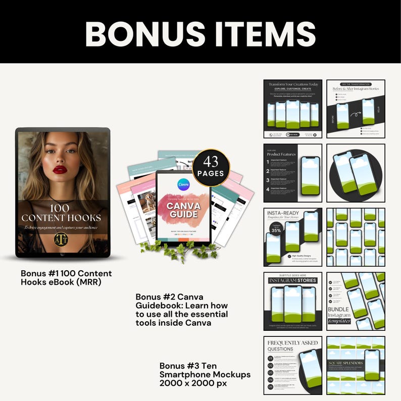May include: A digital marketing bundle with a variety of resources, including an ebook titled "100 Content Hooks", a Canva guide, and ten smartphone mockups. The ebook features a woman with red lipstick and a black top. The Canva guide has 43 pages. The smartphone mockups are in a variety of colors and designs.