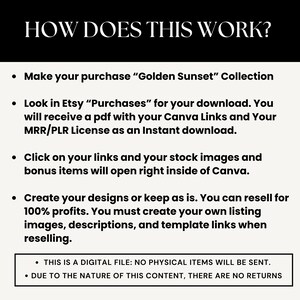 May include: A black and white text-based image with instructions on how to download and use a digital product. The text reads "HOW DOES THIS WORK?" and includes bullet points with instructions on how to download and use the product. The instructions include making a purchase, downloading a PDF file, clicking on links, and creating designs.
