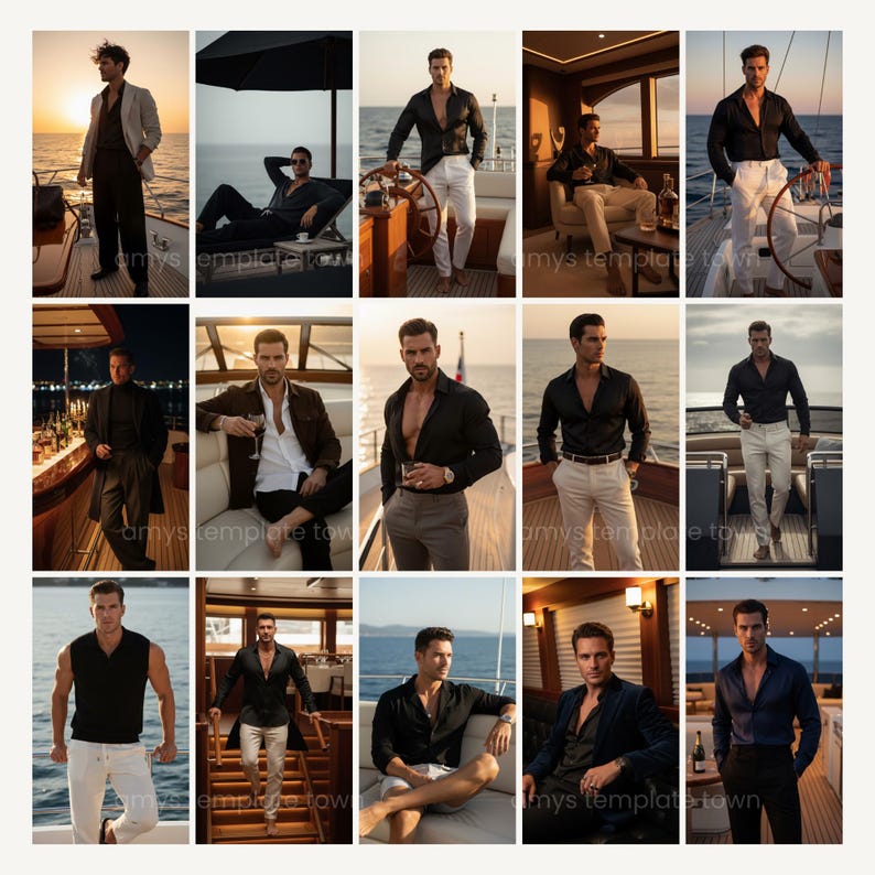 Puede incluir: Una colecci&oacute;n de im&aacute;genes que muestran a un hombre con varios atuendos elegantes, principalmente en un yate. El atuendo incluye camisas negras, blazers y ropa casual, combinados con pantalones de colores claros. Los escenarios presentan elementos n&aacute;uticos y un ambiente lujoso.