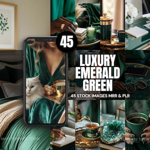 45 Luxury Emerald Green Stock Image Collection with Resell Rights | Canva Templates in 3 Sizes | Resell as You Own MRR & PLR | Bonus Guide