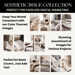 Może przedstawiać: Kolekcja estetycznych obraz&oacute;w w beżowych odcieniach, przedstawiających laptopy, koce i inne elementy wystroju wnętrz. Obrazy idealnie nadają się do wykorzystania w marketingu cyfrowym, mediach społecznościowych i innych projektach online. Tekst na obrazie brzmi: "Estetyczna kolekcja beżowa, idealna do marketingu cyfrowego bez twarzy, zachowaj sp&oacute;jność marki dzięki naszym obrazom z motywem kolorystycznym, oszałamiający wyb&oacute;r obraz&oacute;w do r&oacute;żnych projekt&oacute;w, idealne do okładek Reels, wystarczy dodać tekst."