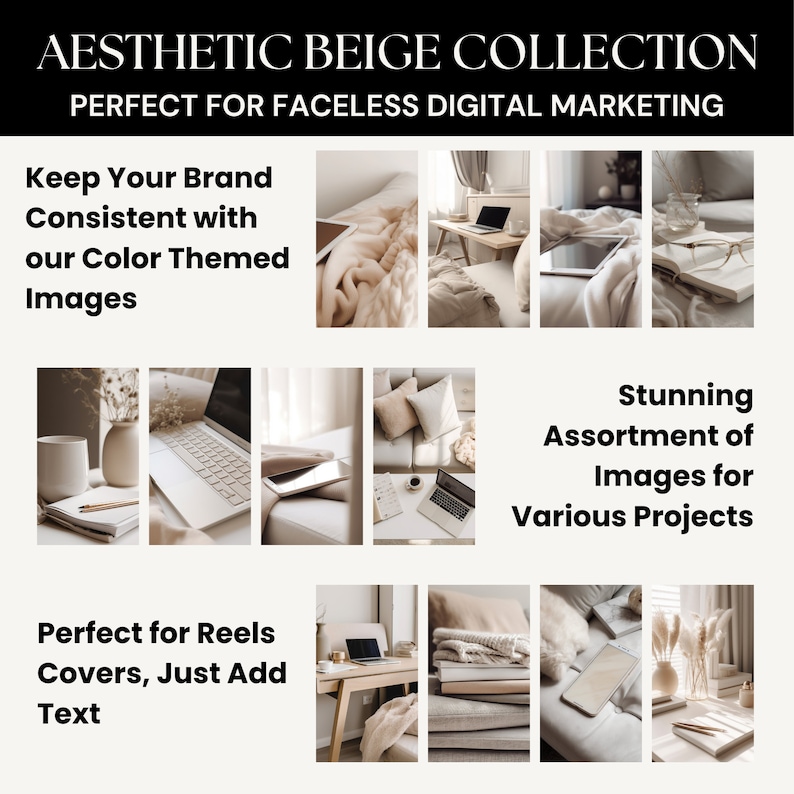 Może przedstawiać: Kolekcja estetycznych obraz&oacute;w w beżowych odcieniach, przedstawiających laptopy, koce i inne elementy wystroju wnętrz. Obrazy idealnie nadają się do wykorzystania w marketingu cyfrowym, mediach społecznościowych i innych projektach online. Tekst na obrazie brzmi: "Estetyczna kolekcja beżowa, idealna do marketingu cyfrowego bez twarzy, zachowaj sp&oacute;jność marki dzięki naszym obrazom z motywem kolorystycznym, oszałamiający wyb&oacute;r obraz&oacute;w do r&oacute;żnych projekt&oacute;w, idealne do okładek Reels, wystarczy dodać tekst."