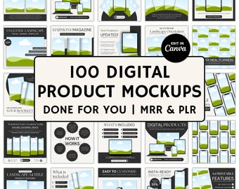 Done for You-modelsjabloonbundel voor digitale producten met MRR en PLR bewerken in canva zwart en crème apparaatsjabloon voor Etsy-verkopers