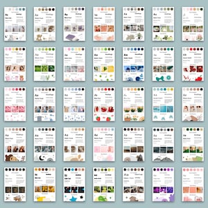 K&ouml;nnte beinhalten: Eine Sammlung von Designvorlagen mit verschiedenen Themen, darunter Blumenarrangements, Babyfotos und Landschaften. Jede Vorlage enth&auml;lt eine Farbpalette, &Uuml;berschriften und Hauptschriftartoptionen. Die Vorlagen sind auf hellblauem Hintergrund angeordnet.