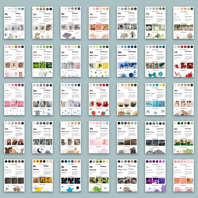 K&ouml;nnte beinhalten: Eine Sammlung von Designvorlagen mit verschiedenen Themen, darunter Blumenarrangements, Babyfotos und Landschaften. Jede Vorlage enth&auml;lt eine Farbpalette, &Uuml;berschriften und Hauptschriftartoptionen. Die Vorlagen sind auf hellblauem Hintergrund angeordnet.
