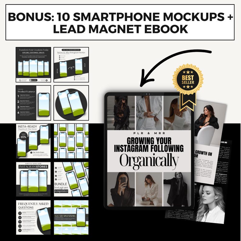 May include: A digital ebook cover with the title "Growing Your Instagram Following Organically" in black and white text on a white background. The cover features a collage of images of people using their smartphones. The ebook is a lead magnet for a bonus of 10 smartphone mockups.