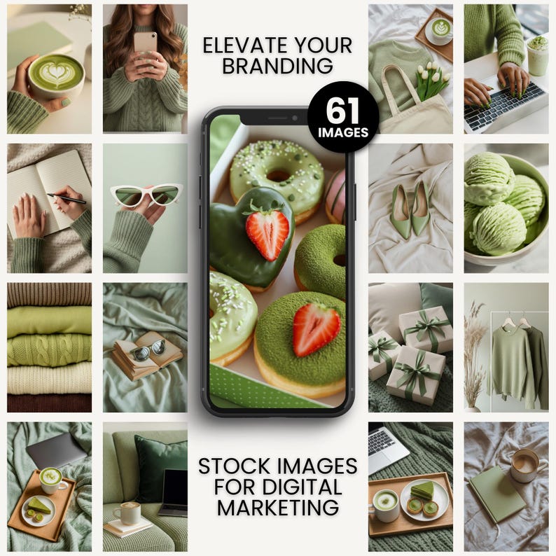 May include: A collage of images with a green theme. The images include donuts, shoes, sweaters, a laptop, and a phone. Text on the phone reads "61 IMAGES". The text "ELEVATE YOUR BRANDING" and "STOCK IMAGES FOR DIGITAL MARKETING" are also visible.