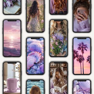 May include: A collage of 10 different phone wallpapers featuring a variety of themes, including nature, flowers, seashells, and abstract designs. The wallpapers are all in a soft, pastel color palette.