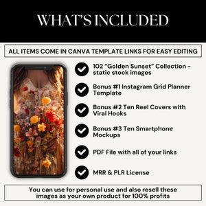 May include: A digital mockup of a smartphone displaying a photo of a bouquet of flowers. The image is part of a digital product bundle that includes 102 stock photos, an Instagram grid planner template, 10 reel covers, 10 smartphone mockups, and a PDF file with links. The product is available for personal use and for resale.