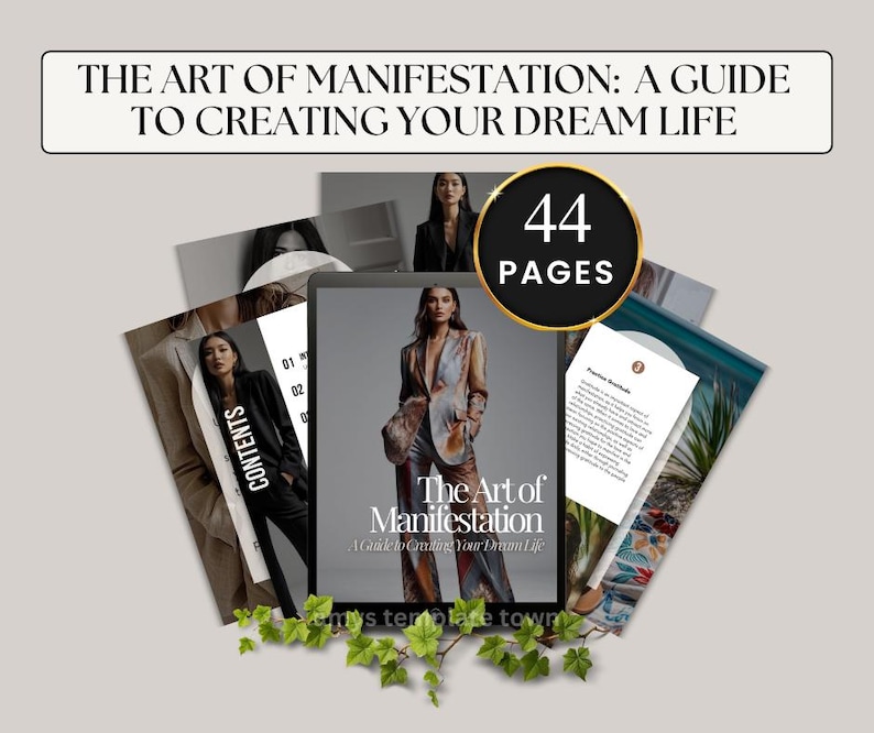 K&ouml;nnte beinhalten: Ein digitaler Leitfaden mit dem Titel "The Art of Manifestation: A Guide to Creating Your Dream Life" mit 44 Seiten. Das Cover zeigt eine Frau, die einen farbenfrohen gemusterten Blazer und eine Hose tr&auml;gt. Der Leitfaden wird auf einem Laptop-Bildschirm mit einer gr&uuml;nen, belaubten Pflanze im Vordergrund angezeigt.