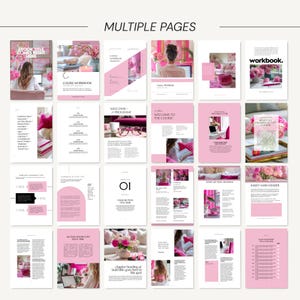 May include: A collection of pink and white workbook pages with text and images. The pages include titles like "Course Workbook" and "Welcome Program." The layout features a clean design with floral accents and the words "Multiple Pages" at the top.