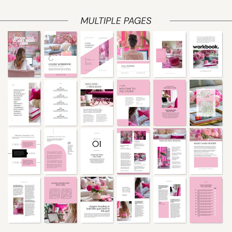 May include: A collection of pink and white workbook pages with text and images. The pages include titles like "Course Workbook" and "Welcome Program." The layout features a clean design with floral accents and the words "Multiple Pages" at the top.