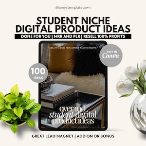May include: A digital product mockup with the text "over 100 student digital product ideas" on a laptop screen. The text "100 ideas" is in a circle above the laptop. The text "Student Niche Digital Product Ideas" is at the top of the image. The text "Done for you | MRR and PLR | Resell 100% Profits" is below the laptop. The text "Great Lead Magnet | Add On or Bonus" is at the bottom of the image. The text "Edit in Canva" is in a gray box in the upper right corner of the image.