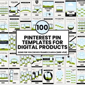 May include: A collection of 100 Pinterest pin templates for digital products. The templates feature various device frames, including smartphones, tablets, and laptops, with the text "TITLE HERE" and "TITLE GOES HERE". The design is clean and modern, with a white background.