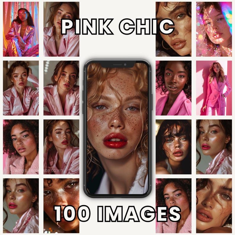 May include: A collage of images featuring women with pink makeup and clothing. The text "PINK CHIC" and "100 IMAGES" are displayed on the image.