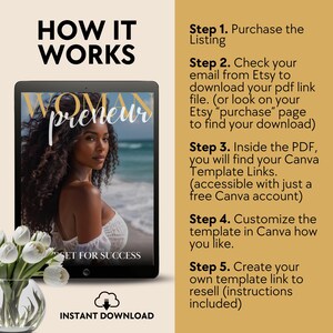 May include: A digital download product for entrepreneurs. The image shows a laptop screen with a digital product cover that says "Womanpreneur" and "Set for Success". The text on the screen explains how to purchase and download the product.
