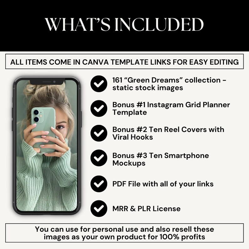 Może przedstawiać: Grafika z zielonym tłem i białym znacznikiem wyboru obok każdego elementu. Grafika zawiera listę element&oacute;w wchodzących w skład produktu cyfrowego: 161 kolekcja "Green Dreams" - statyczne obrazy, Bonus #1 Szablon planera siatki na Instagramie, Bonus #2 Dziesięć okładek rolek z wirusowymi haczykami, Bonus #3 Dziesięć makiet smartfon&oacute;w, Plik PDF ze wszystkimi linkami, Licencja MRR & PLR. Grafika zawiera r&oacute;wnież pole tekstowe z napisem "Możesz używać do cel&oacute;w osobistych, a także odsprzedawać te obrazy jako sw&oacute;j własny produkt, aby uzyskać 100% zysku".