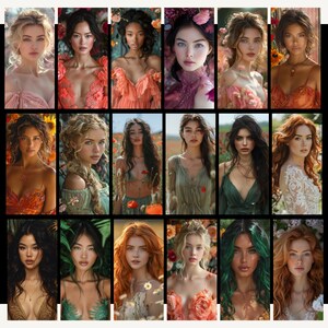 Puede incluir: Un collage de 18 im&aacute;genes con mujeres con diferentes peinados y ropa. Cada mujer posa en un entorno natural, con flores y vegetaci&oacute;n de fondo. Las im&aacute;genes est&aacute;n dispuestas en una cuadr&iacute;cula.