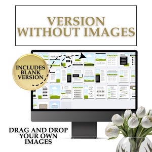 May include: A computer screen displaying a digital version of a business plan template. The template includes sections for a table of contents, company overview, financial projections, and more. The text "VERSION WITHOUT IMAGES" is displayed at the top of the screen. A gold circle with the text "INCLUDES BLANK VERSION" is displayed in the lower left corner of the image.