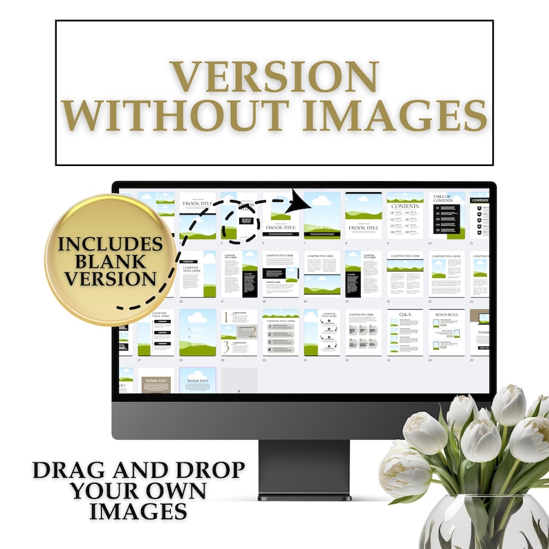 May include: A computer screen displaying a digital version of a business plan template. The template includes sections for a table of contents, company overview, financial projections, and more. The text "VERSION WITHOUT IMAGES" is displayed at the top of the screen. A gold circle with the text "INCLUDES BLANK VERSION" is displayed in the lower left corner of the image.