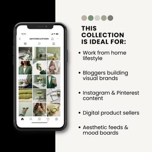 May include: A smartphone displays an Instagram feed with green-themed images. Text on the right says "THIS COLLECTION IS IDEAL FOR: Work from home lifestyle, Bloggers building visual brands, Instagram & Pinterest content, Digital product sellers, Aesthetic feeds & mood boards."