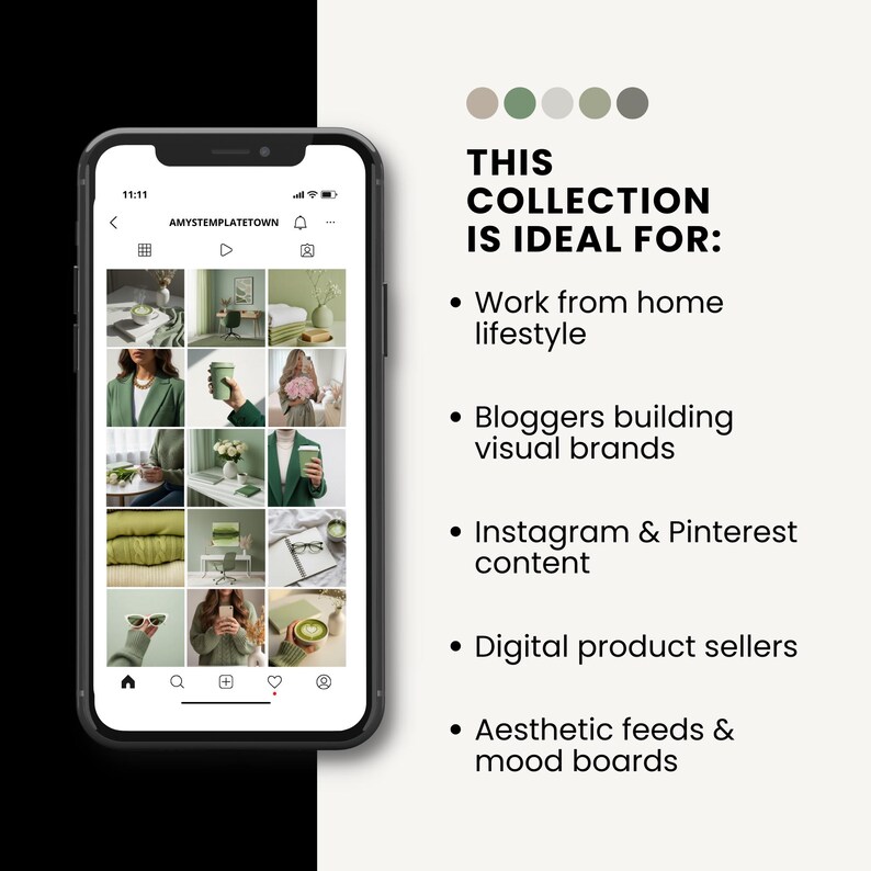 May include: A smartphone displays an Instagram feed with green-themed images. Text on the right says "THIS COLLECTION IS IDEAL FOR: Work from home lifestyle, Bloggers building visual brands, Instagram & Pinterest content, Digital product sellers, Aesthetic feeds & mood boards."