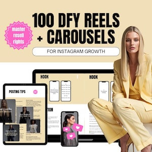 Puede incluir: Imagen promocional con una mujer en traje amarillo y el texto "100 DFY REELS + CAROUSELS PARA EL CRECIMIENTO DE INSTAGRAM." La imagen incluye una tableta y un smartphone que muestran contenido de Instagram y una insignia rosa.