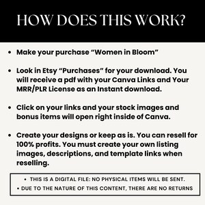 Puede incluir: Un gr&aacute;fico de texto en blanco y negro con el t&iacute;tulo "&iquest;C&Oacute;MO FUNCIONA ESTO?" y una lista de instrucciones sobre c&oacute;mo comprar y usar un producto digital. Las instrucciones incluyen realizar una compra, descargar un archivo PDF con enlaces de Canva y una licencia, hacer clic en los enlaces para acceder a im&aacute;genes de stock y elementos de bonificaci&oacute;n, y crear dise&ntilde;os o revender el producto.