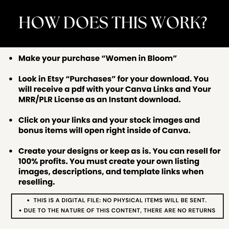 Puede incluir: Un gr&aacute;fico de texto en blanco y negro con el t&iacute;tulo "&iquest;C&Oacute;MO FUNCIONA ESTO?" y una lista de instrucciones sobre c&oacute;mo comprar y usar un producto digital. Las instrucciones incluyen realizar una compra, descargar un archivo PDF con enlaces de Canva y una licencia, hacer clic en los enlaces para acceder a im&aacute;genes de stock y elementos de bonificaci&oacute;n, y crear dise&ntilde;os o revender el producto.