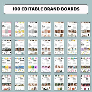 K&ouml;nnte beinhalten: Eine Sammlung von 100 bearbeitbaren Markenboards, jedes mit einem einzigartigen Design. Die Boards zeigen verschiedene Farbpaletten, Bilder und Textlayouts. Der Text "100 EDITABLE BRAND BOARDS" wird oben angezeigt.