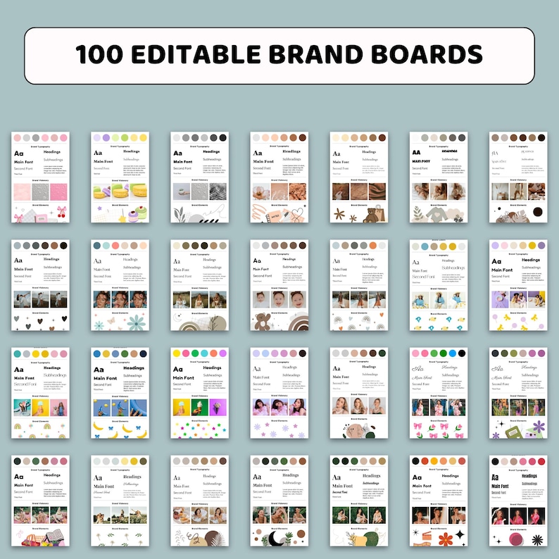 K&ouml;nnte beinhalten: Eine Sammlung von 100 bearbeitbaren Markenboards, jedes mit einem einzigartigen Design. Die Boards zeigen verschiedene Farbpaletten, Bilder und Textlayouts. Der Text "100 EDITABLE BRAND BOARDS" wird oben angezeigt.