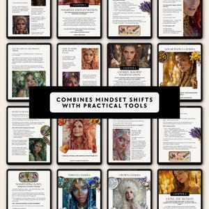 May include: A digital product display featuring multiple screens with text and images. The screens showcase content related to chakras, manifestation, and mindset shifts. The text "COMBINES MINDSET SHIFTS WITH PRACTICAL TOOLS" is displayed.