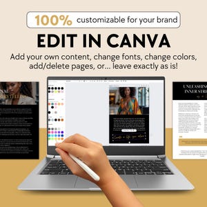 May include: A laptop computer with a white stylus on the screen. The screen shows a design template with a woman in a colorful dress. The text on the screen reads "Create a life you adore!" The laptop is on a beige surface. The text "100% customizable for your brand" and "EDIT IN CANVA" is displayed above the laptop.