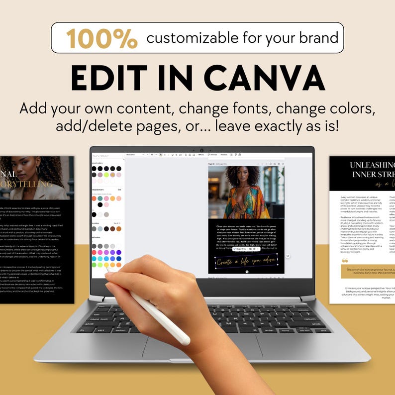 May include: A laptop computer with a white stylus on the screen. The screen shows a design template with a woman in a colorful dress. The text on the screen reads "Create a life you adore!" The laptop is on a beige surface. The text "100% customizable for your brand" and "EDIT IN CANVA" is displayed above the laptop.