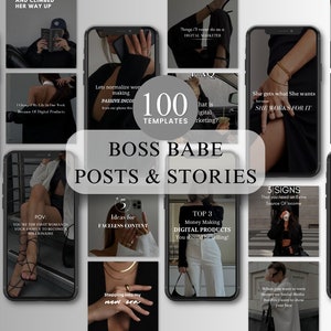 May include: A collage of 100 social media post and story templates for boss babes. The templates feature text overlays with motivational quotes and tips for success in business and entrepreneurship. The templates are designed in a minimalist style with a black and white color scheme.