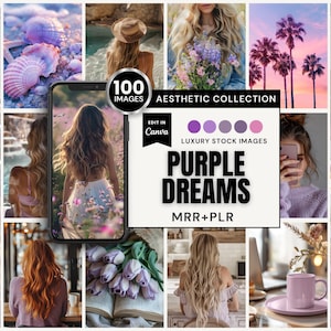 The "Purple Dreams Collection" offers a stunning series of images in rich purple and lavender tones, perfect for keeping your digital marketing on brand. These high-resolution, 100+ AI-generated visuals showcase women in cozy home settings, peaceful beach scenes, seashells, and ocean waters bathed in a soft purple glow, along with delightful floral arrangements and coffee cups in complementary shades. Available to open in Canva, with MRR and PLR included.