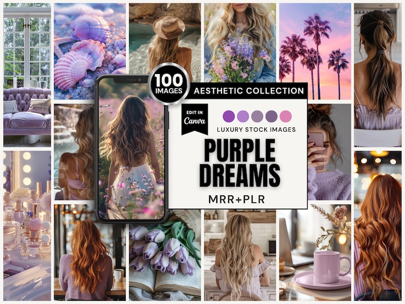 The "Purple Dreams Collection" offers a stunning series of images in rich purple and lavender tones, perfect for keeping your digital marketing on brand. These high-resolution, 100+ AI-generated visuals showcase women in cozy home settings, peaceful beach scenes, seashells, and ocean waters bathed in a soft purple glow, along with delightful floral arrangements and coffee cups in complementary shades. Available to open in Canva, with MRR and PLR included.