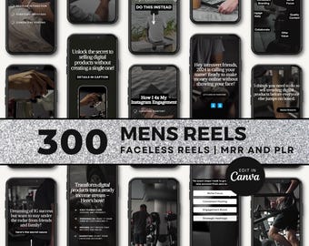 May include: A digital marketing graphic with multiple smartphone mockups. The image features text such as "300 MENS REELS" and "FACELESS REELS". Other text includes "How I 4x My Instagram Engagement" and "Edit in Canva".