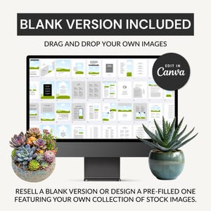 May include: A computer monitor displaying a digital workbook template with various page layouts. The screen is flanked by potted succulents and a green aloe plant. Text at the top reads "BLANK VERSION INCLUDED" and "DRAG AND DROP YOUR OWN IMAGES."