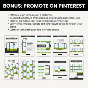 Puede incluir: Gr&aacute;fico promocional para Pinterest con 10 plantillas en formato 2:3. Cada plantilla muestra un dise&ntilde;o de smartphone con texto de marcador de posici&oacute;n y un paisaje verde. El texto dice "BONUS: PROMOTE ON PINTEREST".