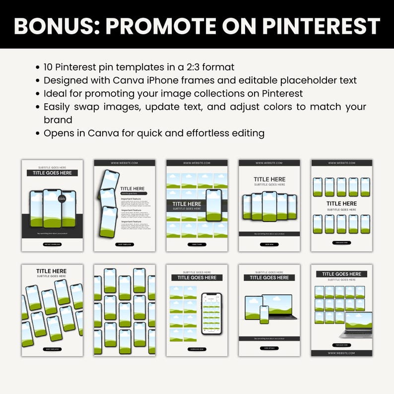 Puede incluir: Gr&aacute;fico promocional para Pinterest con 10 plantillas en formato 2:3. Cada plantilla muestra un dise&ntilde;o de smartphone con texto de marcador de posici&oacute;n y un paisaje verde. El texto dice "BONUS: PROMOTE ON PINTEREST".