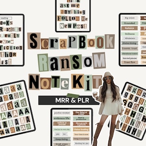 Könnte beinhalten: Ein digitales Scrapbook- und Notiz-Kit mit dem Text "ScrapBook Ransom Note Kit MRR & PLR". Das Bild enthält Tablets mit Text wie "reading", "Big vision" und "positive mindset". Eine Person hält eine Kaffeetasse.